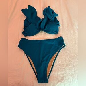 Shade & Shore Teal Blue Ruffle Detail Bikini 2 Piece Set 36B